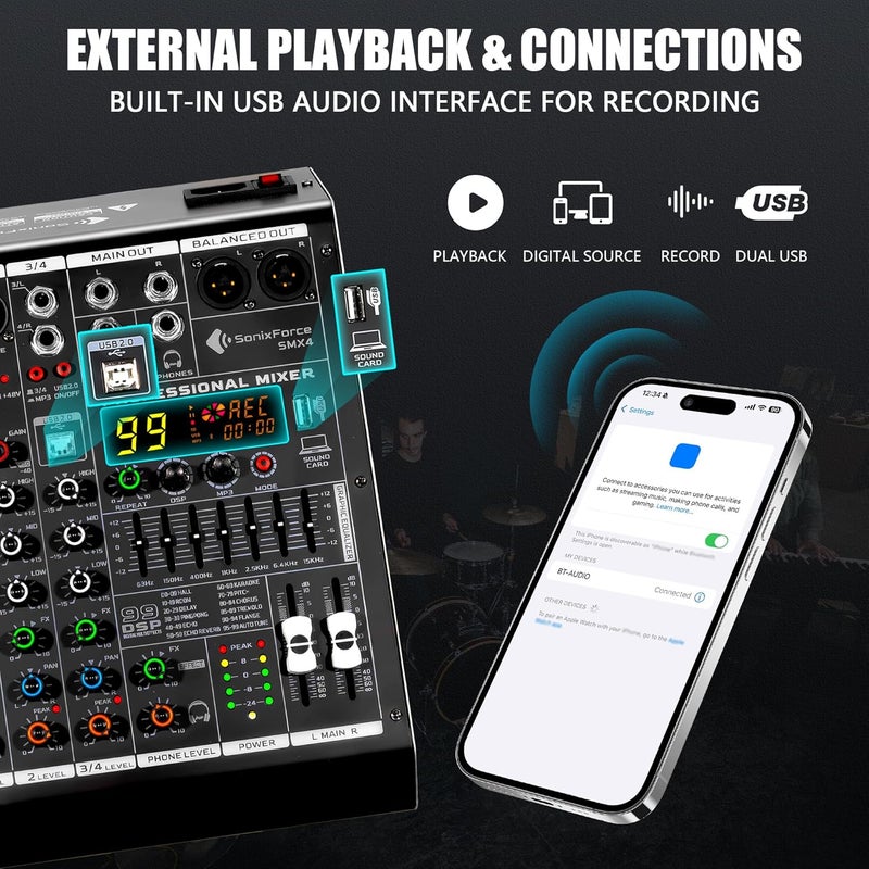 SonixForce 4 Channel Audio Mixer, 99 DSP Sound Board Console with 48V Phantom Power, Professional DJ Mixer for Podcasting, Streaming, Studio Recording (SMX4) - Image 4